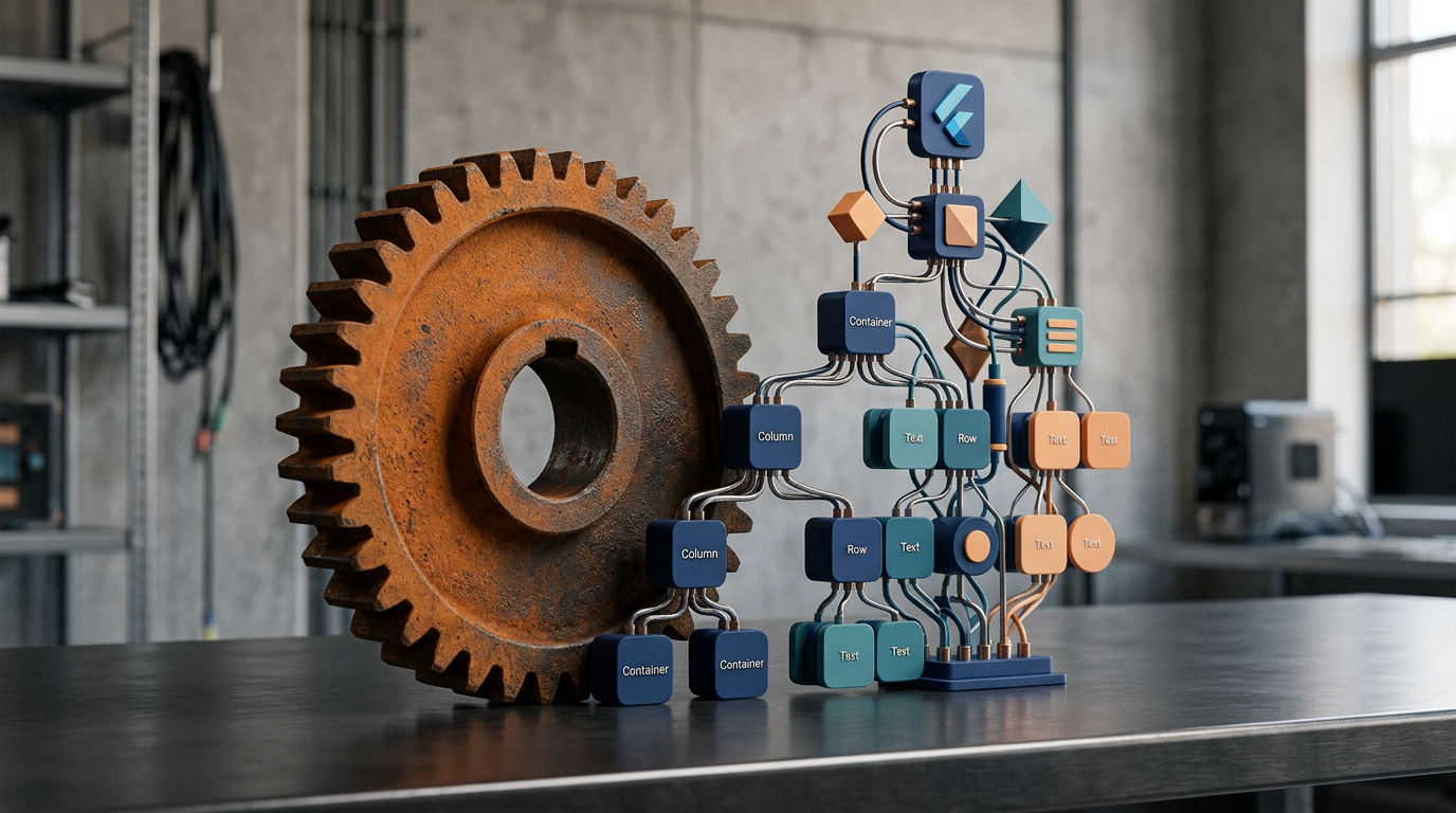 Abstract mechanical gear of Rust interlocking with a Flutter widget tree