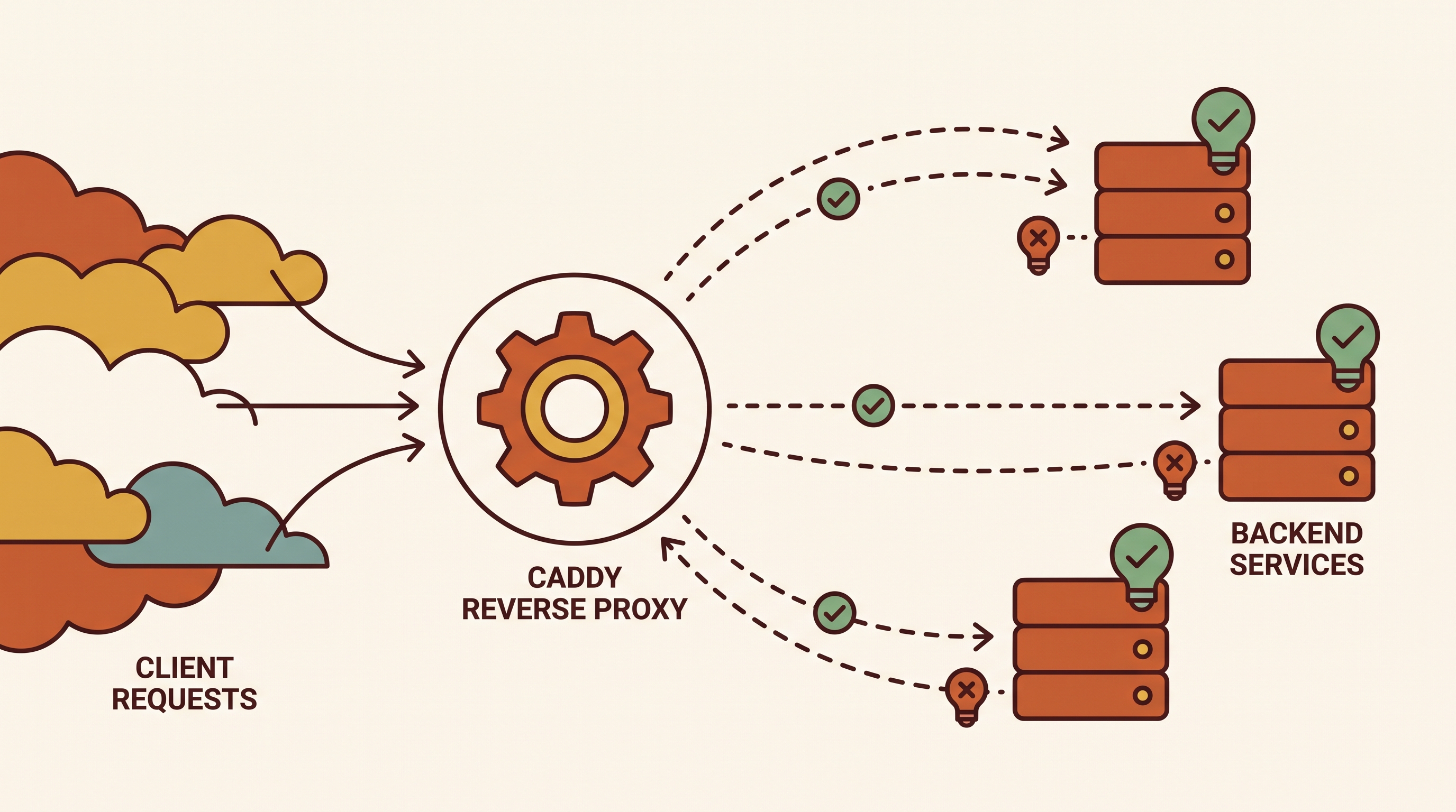 Caddy reverse proxy config flow: client request, Caddy, backend pool, health checks
