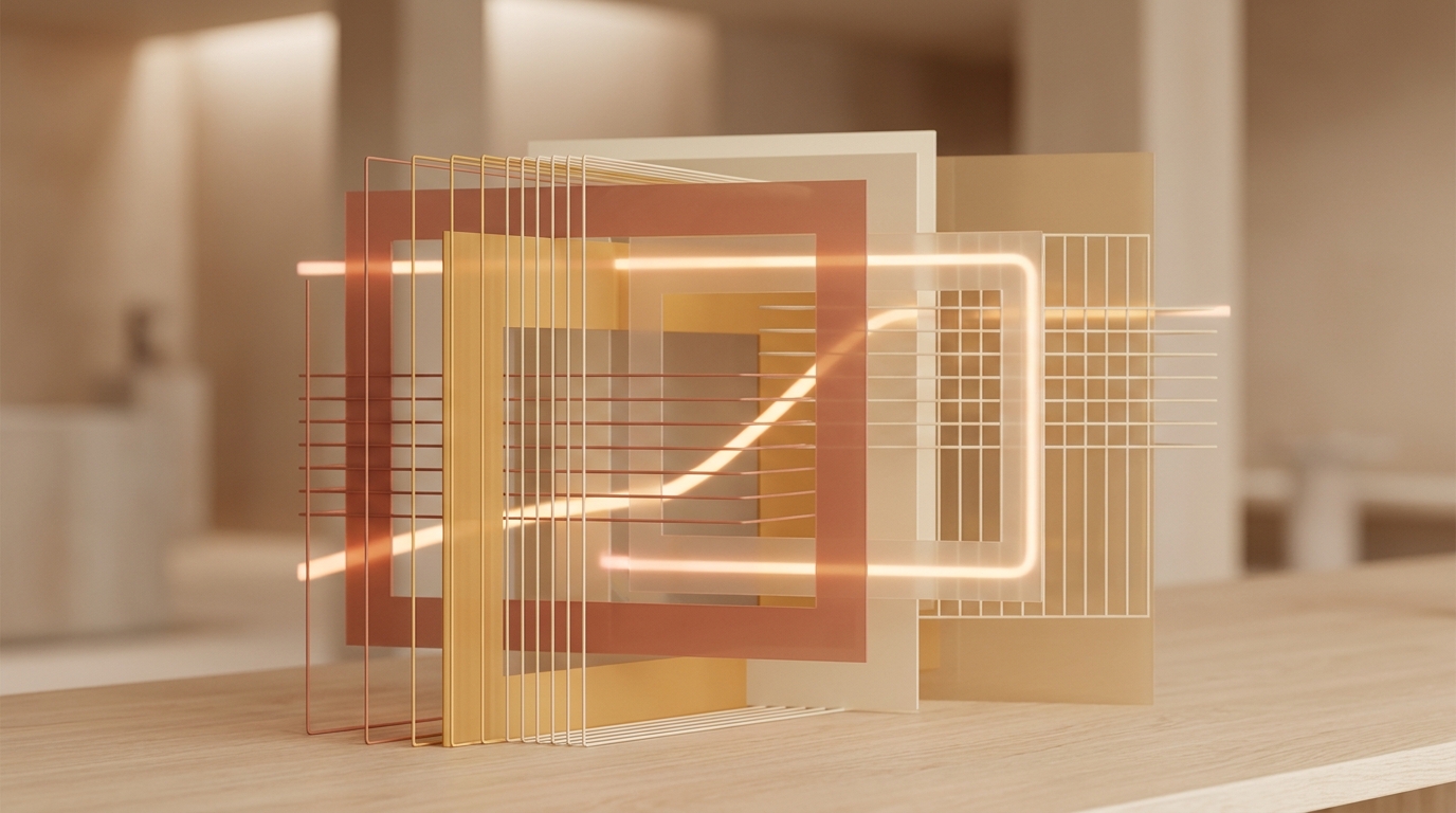 Abstract illustration of Flutter layout constraints flowing through nested render boxes, with warm earth tones